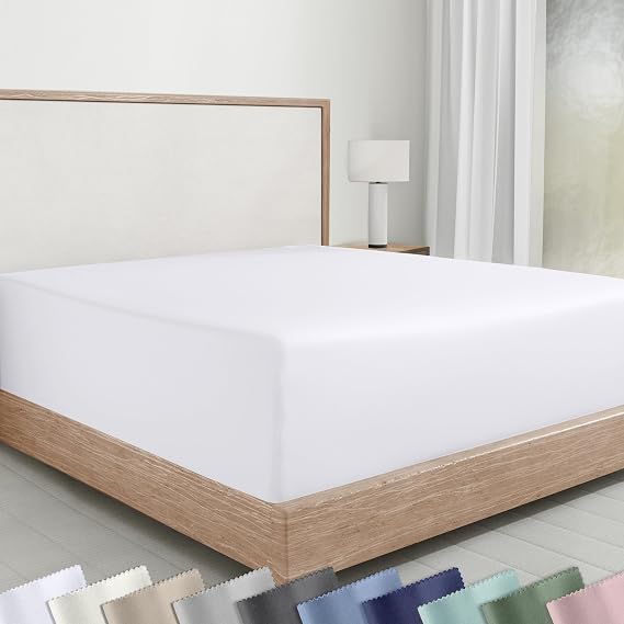 Soft Natural 100% Cotton Sateen Fitted Sheet Queen, Bright White