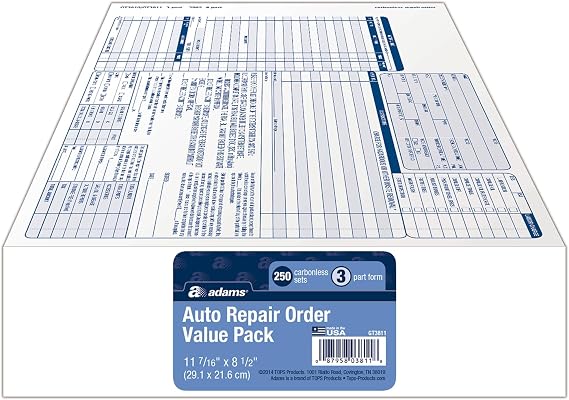 Adams Garage Repair Order Forms, 8.5 x 11 Inch, 3 Parts, 250-Count, White and Canary and White Tag (GT3811)