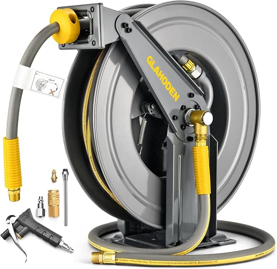 GLAHODEN Double Arm Air Hose Reel 50 ft Retractable, 1/2 in Hybrid Hose Heavy Duty Steel Professional Air Compressor Hose Reel with 5 ft Lead in Max 300PSI Auto Rewind Quick Coupler Swivel Fitting
