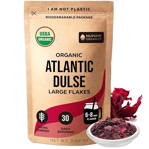 Organic Atlantic Dulse Flakes - Young Baby Seaweed Grown in North Atlantic, Vacuum Dried Premium Quality. Soft Texture & Mild Taste. Add 1 tsp to your dish for daily vitamins/minerals. 30 Servings