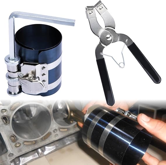 Piston Ring Compressor Tool, Car Engine Piston Ring Installer Removal Kit, Adjustable Compression Range Diameter 2"-6.9" 53mm-175mm, Compressor Tool with Piston Ring Pliers
