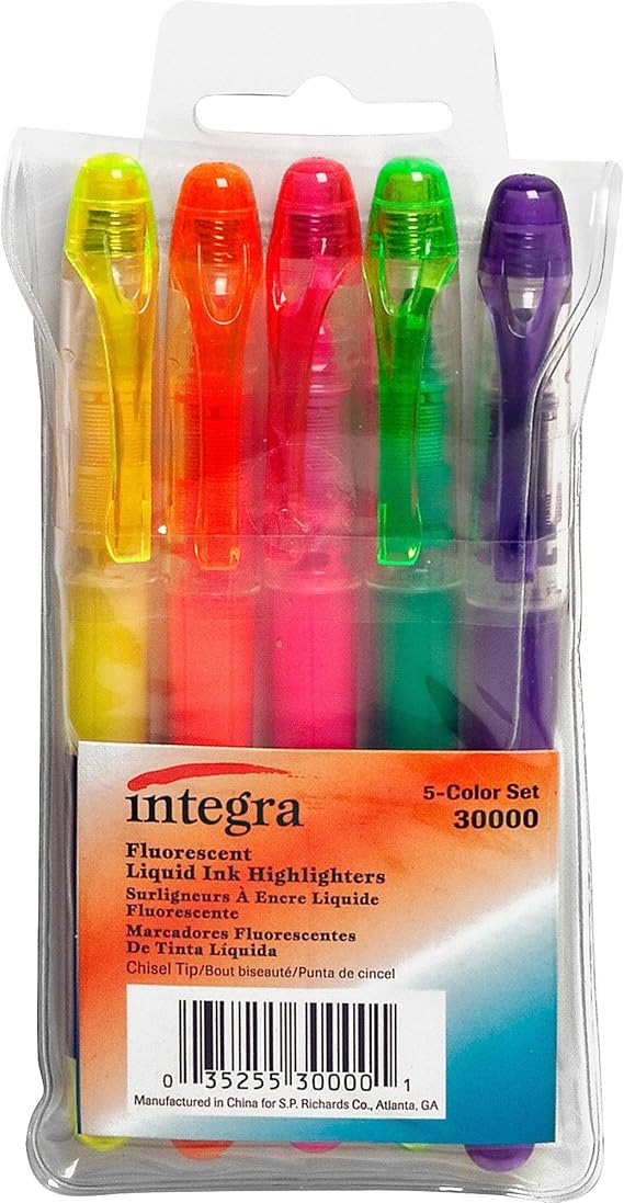 Integra Liquid Ink Highlighter, Chisel Tip, 5/Set, Assorted (ITA30000)