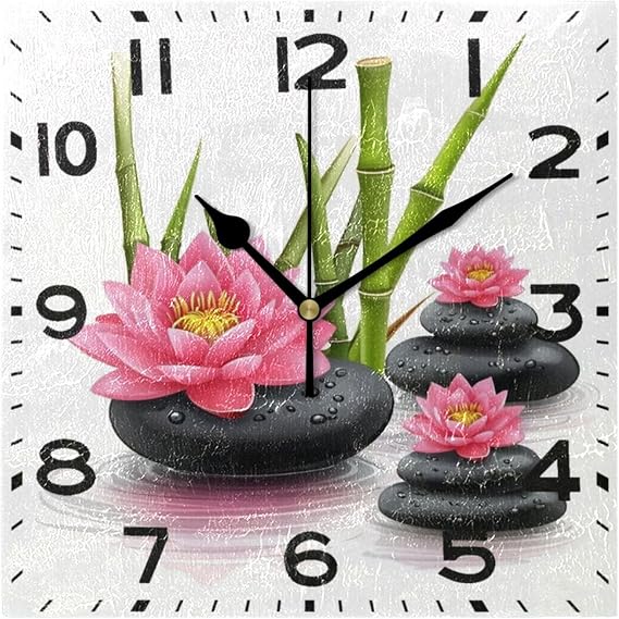 Moderate 8 Inch Square Wall Clock, Zen Bamboo Stones Pink Lotus Flower Non Ticking Battery Operated Analog Quiet Desk Desk Clock,Ideal for Home,Kitchen,Office,School,Library,Study