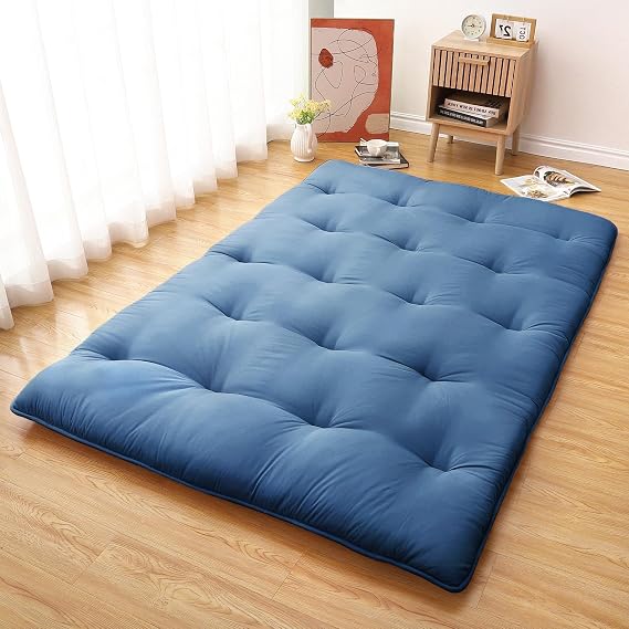 IDEALHOUSE Japanese Futon Mattress,Floor Mattress for Sleeping,Thicken Foldable Roll Up Sleeping Pad & Tatami Mat for Dormitory, Camping, Guest Room(Blue,68''80'')