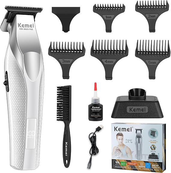 KEMEI KM-3023-702 Professional 9000 RPM Zero-Gap Hair Trimmer | Brushless motor; DLC-coated and ceramic blades; LED battery display; charging dock; USB-C; 5 guide combs (15mm)