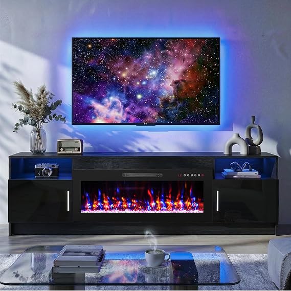 70" Electric Fireplace TV Stand for 80'' TV, LED Light Entertainment Center with High Glossy Doors, TV Console with Storage, Black