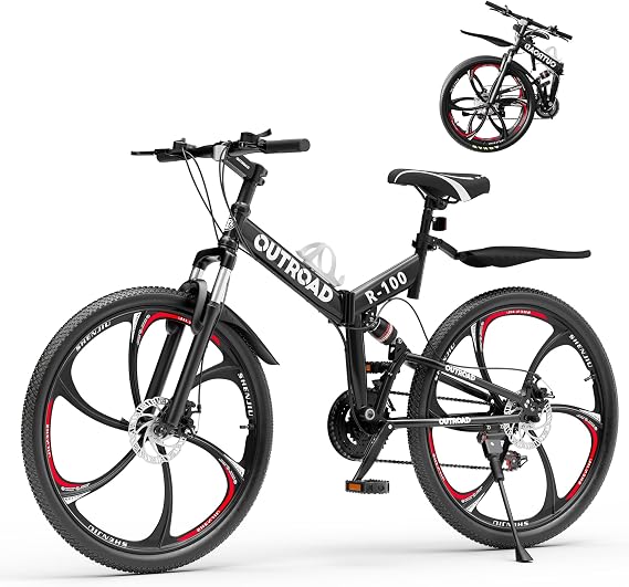 26" Foldable MTB 21-Speed Full Suspension, High-Carbon Steel Frame, Dual Disc Brakes & Quick-Release Tires Adults & Teens (Black)