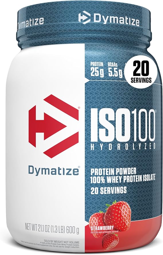 Dymatize ISO100 Whey Protein Powder Isolate, Strawberry, 25g of Protein, 5.5g BCAAs, Less Than 120 Cal., Gluten Free, 1g Fat, 1g Sugar, 2g Carb (20 Servings)