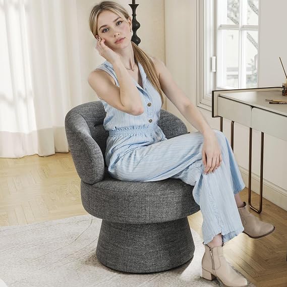 Hyfirm 360 Degree Swivel Accent Chair, Modern Round Barrel Armchair with Full Upholstered Soft Cushion, Plush Velvet Comfy Chair for Living Room, Bedroom, Vanity or Office- Deep Grey