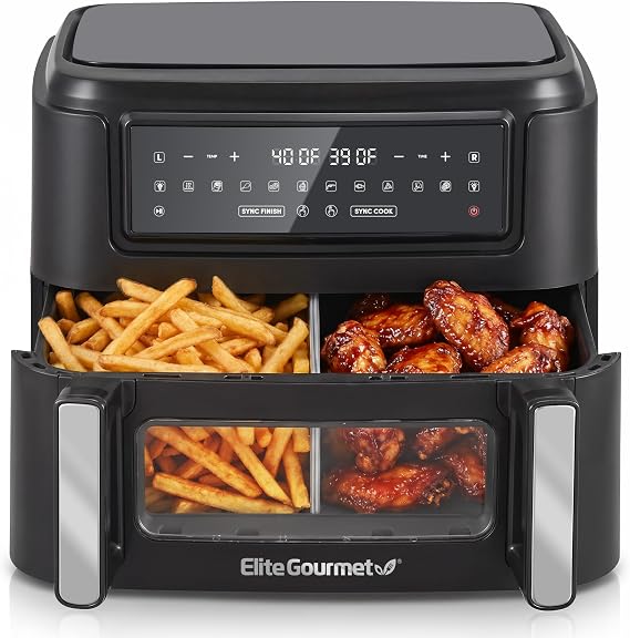 Elite Gourmet Dual Zone Air Fryer Oven, 11Qt, Dual Basket, PFAS Free, 1600W