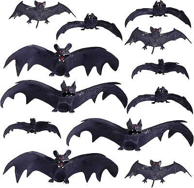 Max Fun 12pcs Halloween Hanging Bats Decorations Rubber Hanging Vampire Bats for Outdoors Halloween Party Favors Home Decor5 Size