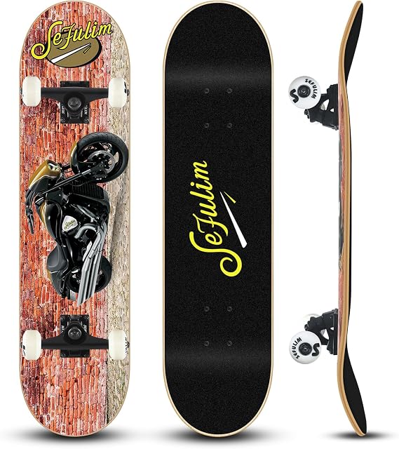 31 x 8 Inch Complete Skateboard 7 Layer Canadian Maple Double Kick Deck Concave Cruiser Trick Skateboard for Boys Girls Teens Adults Beginner