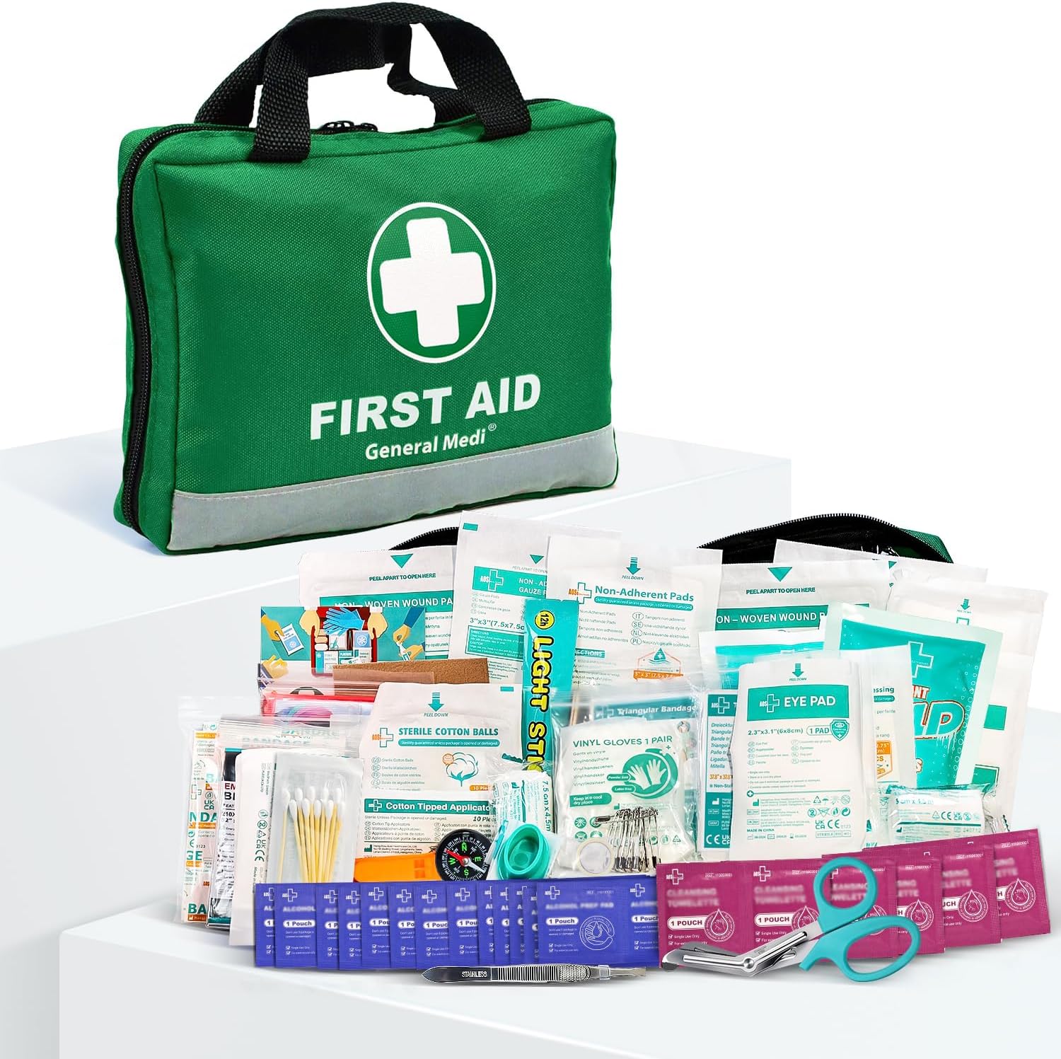 General Medi 210 Piece First Aid Kit- Emergency kit - Reflective Design - Includes IceCold Pack, Moleskin Pad and Emergency Blanket for Travel, Home, Office, Car, Workplace & Outdoor