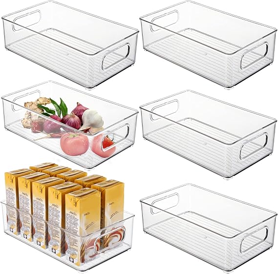 Kingrol 6 Pack Plastic Storage Bins for Pantry, Refrigerator, Countertop, Cabinet Organization, Stackable Food Storage Organizer with Handles, BPA Free, 10 x 6 x 3 Inch