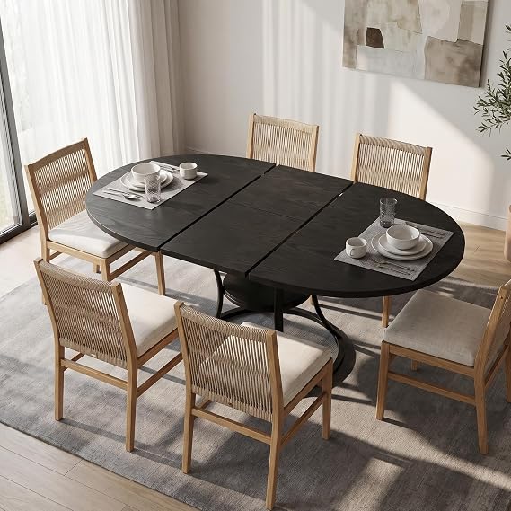 Round Dining Table, 108–148 cm Wooden Extendable Kitchen Table