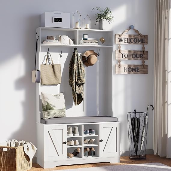 71" Hall Tree with Bench and Shoe Storage, Entryway Hall Tree with 2 Doors and 6 Adjustable Shelves, Cushioned Storage Bench with Coat Rack for Hallway, Living Room, Mudroom