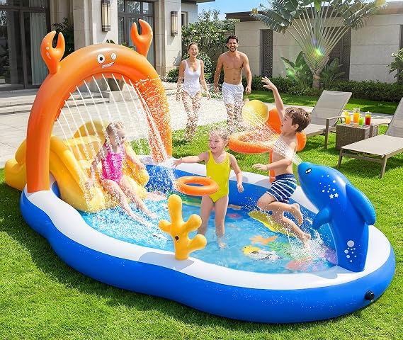 2026 Large Inflatable Play Center,Toddler Pool with Slide&Sprinkler