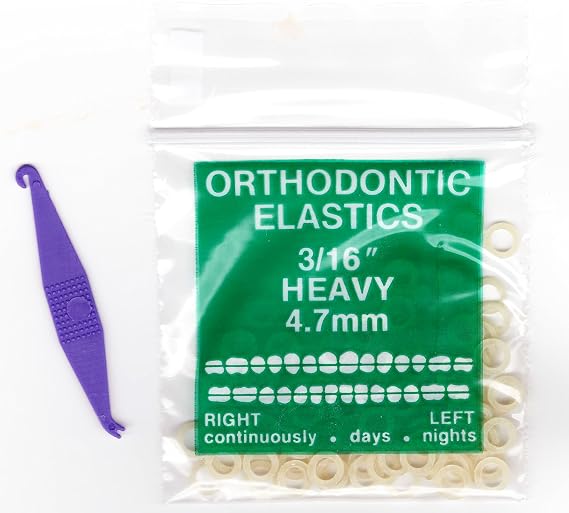 3/16 Inch Orthodontic Elastic Rubber Bands 300 Pack Natural Heavy Force 6.5 oz. Latex with FREE Elastic Placer