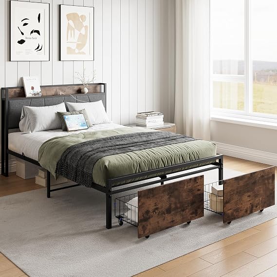 Full Bed Frames with 2 Storage Drawers, Upholstered Storage Headboard with Charging Station Metal Bed Frame Full Size, No Box Spring Needed Platform Bed Frame with Charging Station, Full