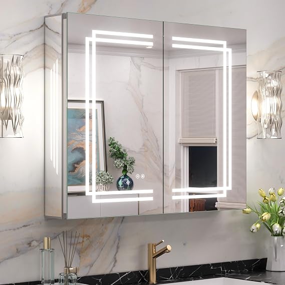 Keonjinn 30 x 26 Inch Medicine Cabinet with Lights, Dimmable 3 Color Lights
