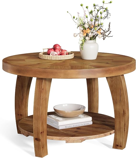 31.5" Solid Wood Round Coffee Table, 2-Tier Center Table with Mosaic Pattern Tabletop & Storage Shelf, Easy Assembly, for Living Room - Brown