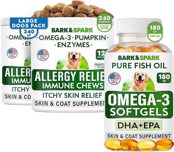 Allergy Relief + Omega 3 Bundle - Anti-Itch & Hot Spots + Skin Allergy - Omega 3 + Pumpkin + Enzymes - Immune Supplement + Joint Health - 420 Chews - Peanut Butter + Fish Flavor - Made in USA