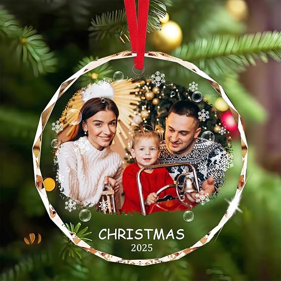 Personalized Christmas Ornaments with Photo, Custom Glass Picture Ornament with Names, Xmas Tree Crystal Decoration, Family 2025 Memorial Gift