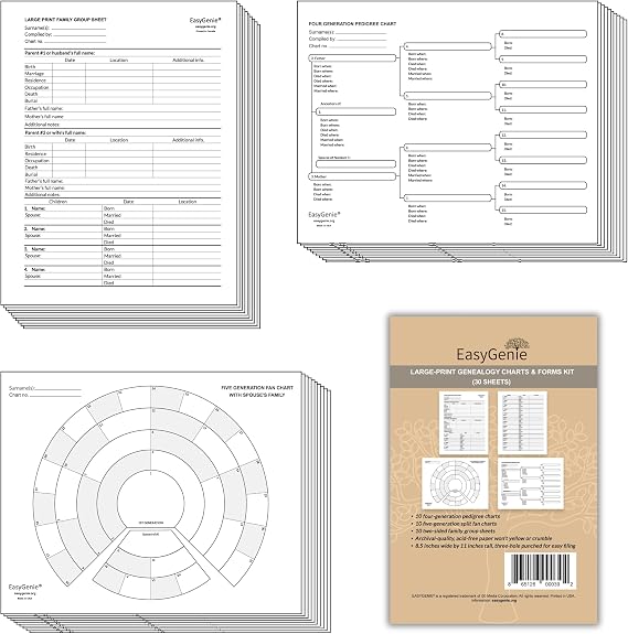 Large Print Genealogy Kit, 30 Sheets | Pedigree & Fan Charts