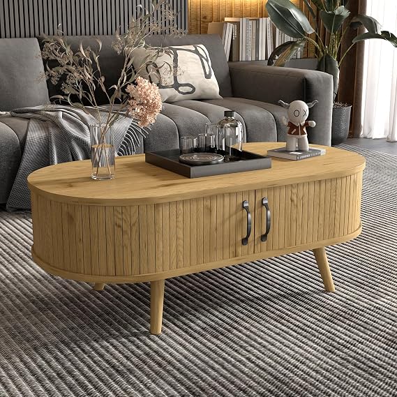 Oval Coffee Table with Storage Cabinet Wood Fluted Living Room Centre Table