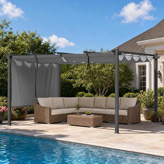 BPS 12' x 14' Aluminum Outdoor Pergola with Sun Shade Canopy & Roller Shade
