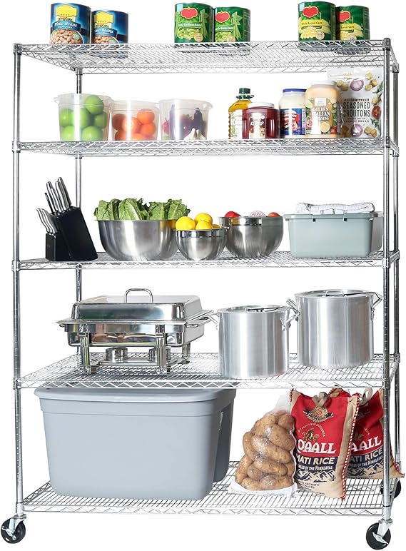 Seville Classics UltraDurable Heavy Duty NSF Solid Steel Wire Rack Storage Unit Wheels, 5-Tier Shelving, 60" W x 24" D | Heavy-duty commercial-grade solid steel wire storage rack featuring 800 pounds per shelf weight capacity