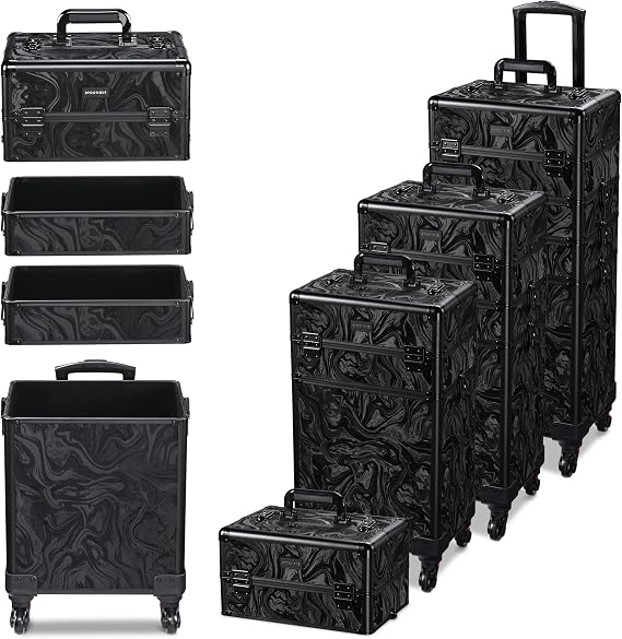 BYOOTIQUE Rolling Makeup Train Case on Wheels 3-Piece Cosmetology Organizer Kit Trolley Organizer Lockable Salon Hairstylist Traveling Cart bag for Nail Slon Esthetician,CTB Black