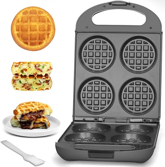 Baker's Friend Multi Stuffed Waffle Maker Thick, 4-Slice with 1.2'' Thick & 4'' Dia, Belgian Mini Waffle Maker Flip, Nonstick Breakfast Sandwich Maker, Stuffed Waffle Iron, Graphite