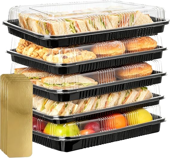 Reusable Sandwich Platter Trays - 5 Pack Premium PP Serving Platters, Buffet Trays with Lids for Party Food, Sandwiches, Cake (34cm x 24cm)