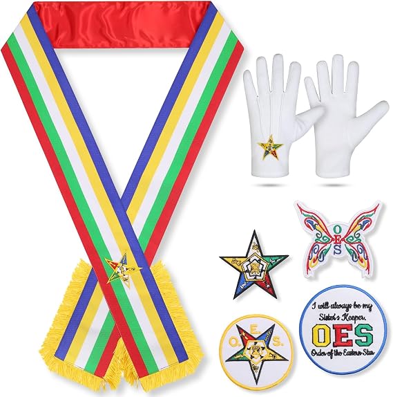 Premium Masonic OES Sash for Sisters With Free Embroidered Cotton Gloves And 4 Order Of Eastern Star Patches
