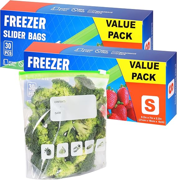 Ziplock Freezer Bags 60pcs, 1L Food Storage Bags BPA Free Sandwich Bag Reusable Zip Seal Plastic Bag with Expandable Bottom for Food, Meat, Grains, Fruits, Vegetables