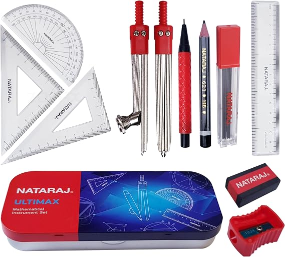 11 Pcs Ultimate Maths Geometry Set, Maths Compass Protractor Divider Ruler Squares Mechanical Pencil Sharpener Eraser 0.7mm Lead, Ideal for Student Exam Instrument Tin Case, iZOFAX Black Ball Pen