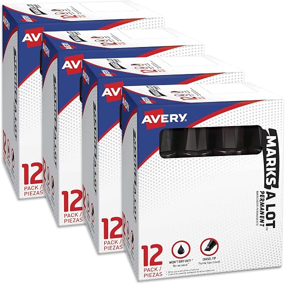 Avery Marks A Lot Jumbo Chisel Tip Marker, Desk-Style Size, Water and Wear Resistant, 12 per Box, 4 Boxes, 48 Markers Total (24148)
