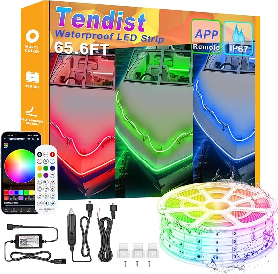 Boat Lights LED Waterproof, 65.6FT Pontoon Boat Led Lights Strip, Marine Led Strip Light, Multicolor 12v RGB LED Strips Outdoor IP67, Night Fishing Lighting with APP & Remote for Bass Jon, RV, Kayak