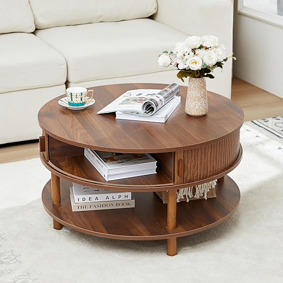 XUZENEST 31.5 Round Coffee Table with Storage, Mid Century Modern 2 Tier Coffee Table with Tambour Sliding Door, Solid Wood Legs Fluted Center Table for Living Room Home Office Small Space, Walnut