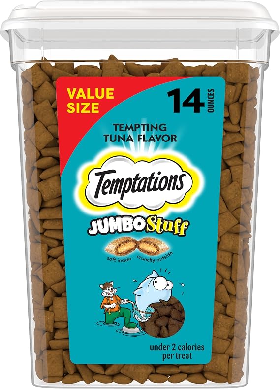 Temptations Jumbo Stuffed Cat Treats, Crunchy and Soft Cat Treats, Tempting Tuna Flavor, 14 oz. Tub