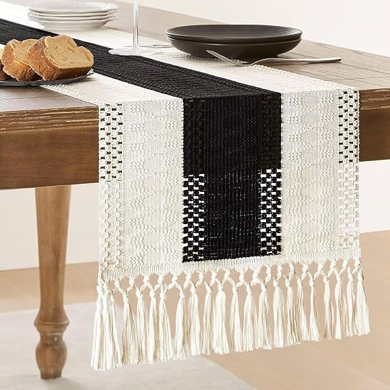 Boho Table Runner for Christmas Home Decor with Tassels 108 Inches Long, Farmhouse Rustic Table Runners for Bohemian Kitchen Dining Table 12x108in