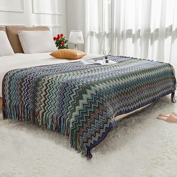 Bohemian Boho Throw Blankets, Knitted with Tassel, Outdoor Reversible Soft Cozy Lightweight Throw Blankets, Couch Bed Sofa Decorative Afghan Throw Blanket All Seasons Blue 70x90 inches