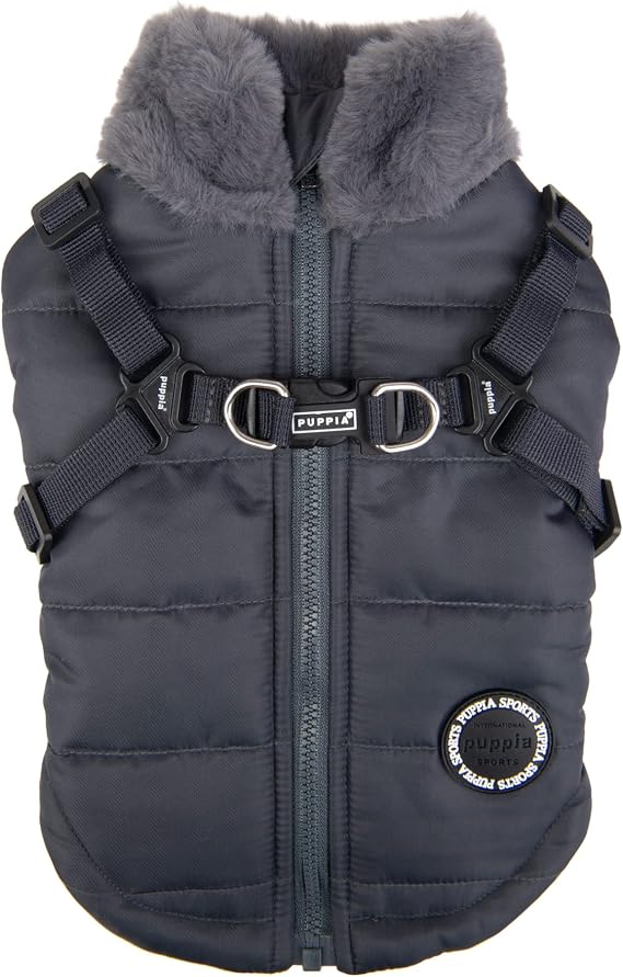 Puppia Donavan Winter Dog Coat with Integrated Harness No Pull Cold Weather Waterproof Warm Fleece Back Zipper for Small & Medium Dog, Grey, Medium