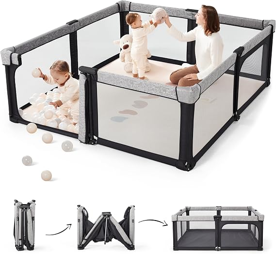Sweeby スウィービー ベビーサークル 71x59インチ ベビーゲートベビーサークル 赤ちゃんと幼児用 特大ベビーサークル ドアプレイヤード付き フェンス屋内外プレイペン、オブシディアンブラック