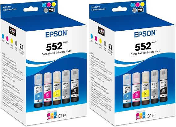 Epson 552 EcoTank Ink Ultra-high Capacity Bottle Five Color Combo Pack (T552920-S) Works with ET-8500,8550,(Pack of 2)