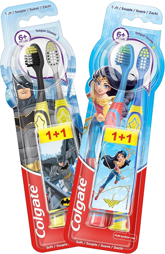 Colgate Batman or Wonder Woman Soft Toothbrush for Children, Random Superhero, Multicoloured, 1+1