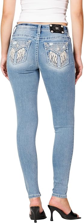 Miss Me Women's Distressed Winged Cross Stitch Faux Flap Pockets Mid-Rise 29" Inseam Skinny Jeans