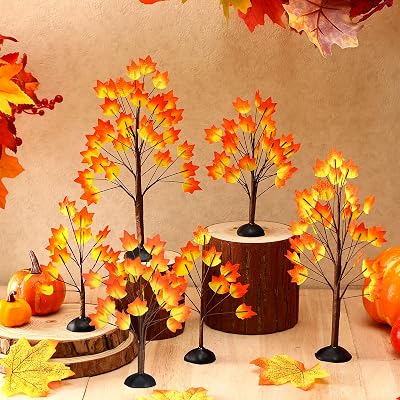 Uiifan 8 Pcs Fall Village Trees Faux Artificial Maple Tree Tabletop Artificial Trees Plastic Decorations for Home Indoor Thanksgiving Halloween Village Accessories Fall Party Decorations