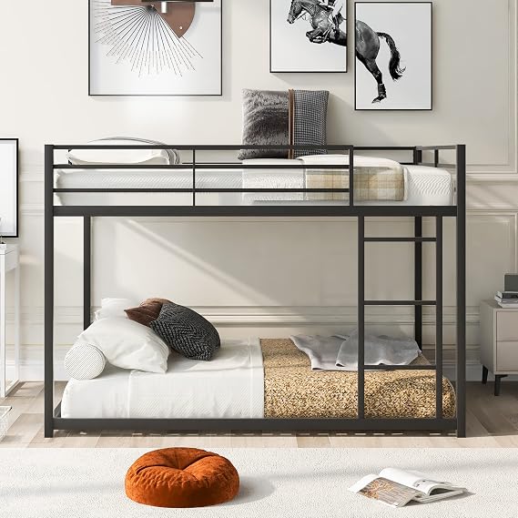 Full Over Full Metal Bunk Bed, Low Bunk Bed with Ladder, Black